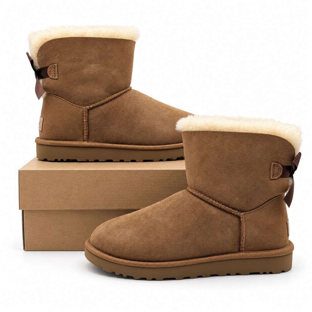 UGG Mini Bailey Bow II Womens 7 Chestnut Sheepskin Ankle Boots Bows 1016501